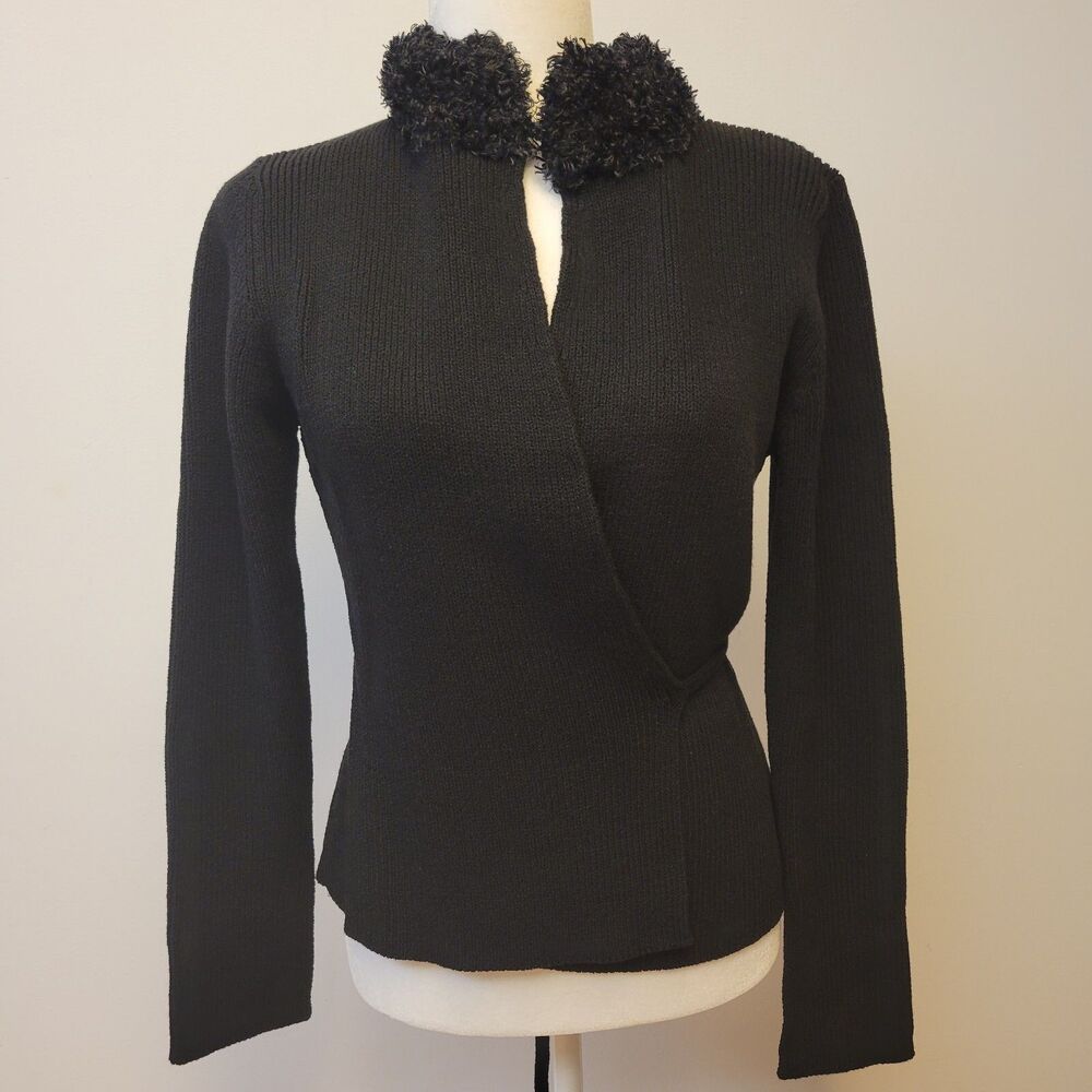 Max Studio Black Wrap Sweater M Faux Fur Collar Tie Back Bell Sleeve Knit Top